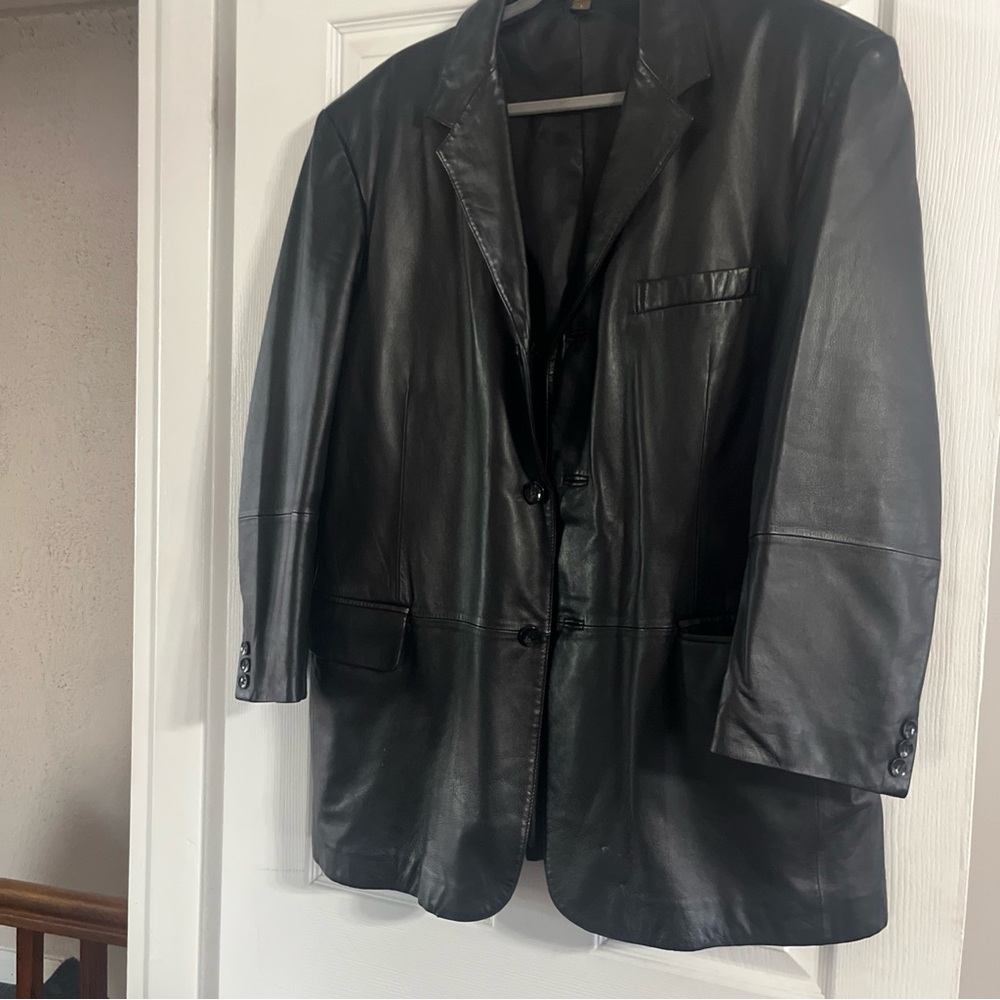 J Ferrar Size L Mens Button Front Genuine Leather Blazer Jacket Sport Coat Black